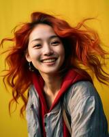 een Aziatisch vrouw met rood haar- glimlachen generatief ai foto