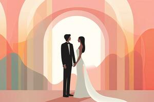 een illustratie van een bruid en bruidegom staand in voorkant van een boog generatief ai foto