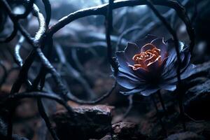 een beeld van een bloem in een donker Woud generatief ai foto