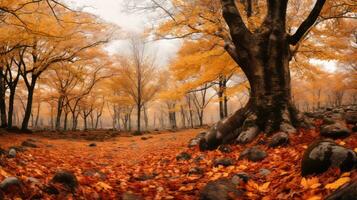 een beeld van een herfst Woud met bladeren Aan de grond generatief ai foto