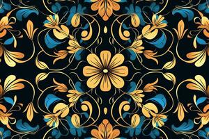 naadloos bloemen patroon met blauw en oranje bloemen Aan een zwart achtergrond generatief ai foto