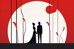 silhouet van een bruid en bruidegom Holding handen in voorkant van een rood achtergrond generatief ai foto