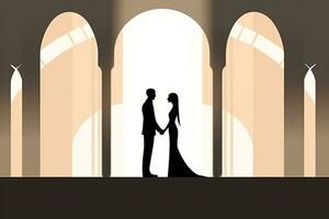 silhouet van een bruid en bruidegom staand in voorkant van een boog generatief ai foto