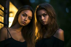 twee mooi jong Dames poseren voor de camera generatief ai foto