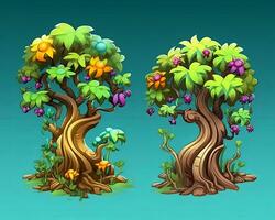 twee tekenfilm bomen met fruit Aan hen generatief ai foto