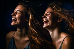twee jong Dames lachend in voorkant van een zwart achtergrond generatief ai foto