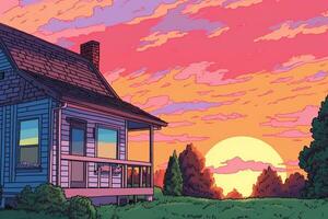 ingekleurd tekening van een zomer buitenwijk huis generatief ai foto