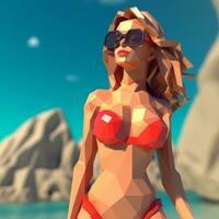 laag poly 3d bikini vrouw Aan een zomer strand generatief ai foto