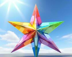 3d geven van een regenboog gekleurde ster Aan top van een blauw lucht generatief ai foto