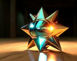 3d geven van een glimmend ster Aan een houten verdieping generatief ai foto