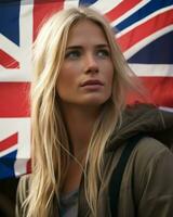 een mooi blond vrouw Holding een unie jack vlag generatief ai foto