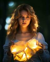 een mooi blond vrouw Holding een verlicht lantaarn in de bossen generatief ai foto