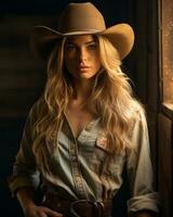 een mooi blond vrouw in een cowboy hoed generatief ai foto