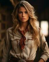 een mooi blond vrouw in een cowboy kleding generatief ai foto