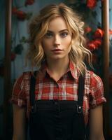 een mooi blond vrouw in een plaid overhemd en overall generatief ai foto