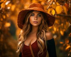 een mooi blond vrouw in een rood jurk en hoed in een herfst Woud generatief ai foto
