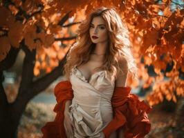 een mooi blond vrouw in een rood jurk poseren in een herfst Woud generatief ai foto