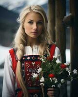 een mooi blond vrouw in een traditioneel Noors jurk Holding een boeket van bloemen generatief ai foto