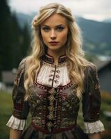 een mooi blond vrouw in een traditioneel Beiers jurk generatief ai foto