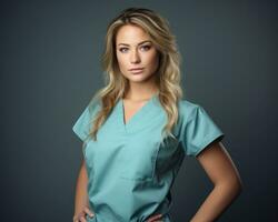 een mooi blond vrouw in scrubs poseren voor de camera generatief ai foto