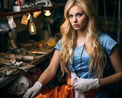 een mooi blond vrouw in blauw scrubs zittend Bij een naaien machine generatief ai foto