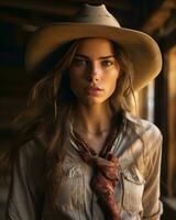 een mooi vrouw in een cowboy hoed generatief ai foto