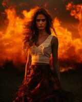 een mooi vrouw in een jurk staand in voorkant van een brand generatief ai foto