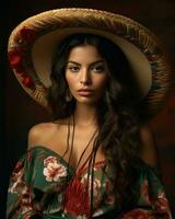 een mooi vrouw in een Mexicaans hoed generatief ai foto