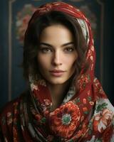 een mooi vrouw in een rood en bloemen sjaal generatief ai foto