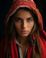 een mooi vrouw in een rood en wit sjaal generatief ai foto