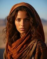 een mooi vrouw met lang haar- in de woestijn generatief ai foto
