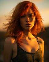 een mooi vrouw met rood haar- staand in de woestijn generatief ai foto