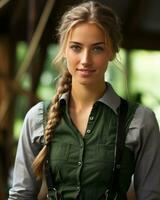 een mooi jong vrouw met een vlecht in haar haar- generatief ai foto