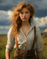 een mooi jong vrouw met rood haar- staand in de midden- van een veld- generatief ai foto