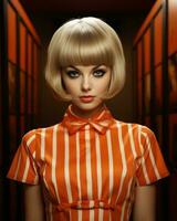 een blond vrouw met een oranje en wit gestreept jurk generatief ai foto