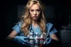 een blond vrouw in blauw scrubs Holding een bundel van injectiespuiten generatief ai foto