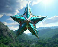 een blauw en groen ster in de lucht met bergen in de achtergrond generatief ai foto