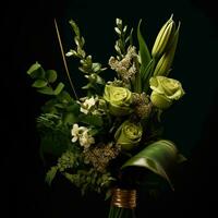 een boeket van groen en wit bloemen Aan een zwart achtergrond generatief ai foto