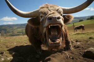 een stier met haar mond Open in een veld- generatief ai foto