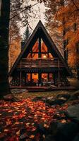 een cabine in de bossen omringd door herfst bladeren generatief ai foto