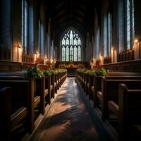 een kerk met kerkbanken en een gebrandschilderd glas venster generatief ai foto