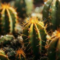 een dichtbij omhoog van een cactus fabriek met water druppels Aan het generatief ai foto