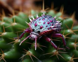 een dichtbij omhoog van een roze en blauw kever Aan een cactus generatief ai foto