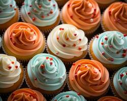 een dichtbij omhoog van veel cupcakes met oranje en blauw glimmertjes generatief ai foto