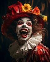 een clown met rood haar- en bloemen Aan zijn gezicht generatief ai foto