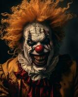 een griezelig clown met rood haar- en bloed Aan zijn gezicht generatief ai foto