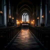 een donker leeg kerk met kerkbanken en kaarsen generatief ai foto