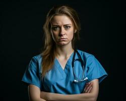 een vrouw verpleegster in blauw scrubs staand met haar armen gekruiste generatief ai foto