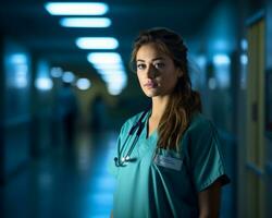 een vrouw verpleegster in scrubs staand in een leeg gang generatief ai foto