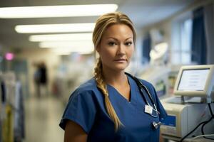 een vrouw verpleegster in scrubs staand in een in werking kamer generatief ai foto